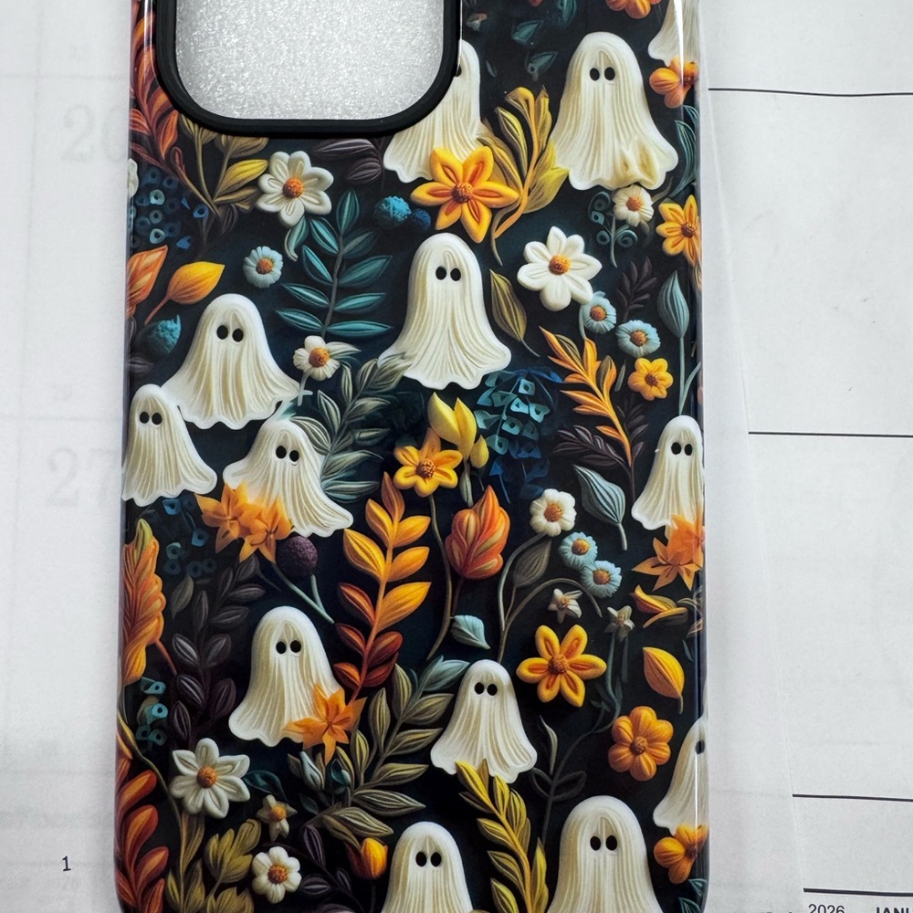 Floral Ghost Pattern Phone Case - Black iPhone 15proMax